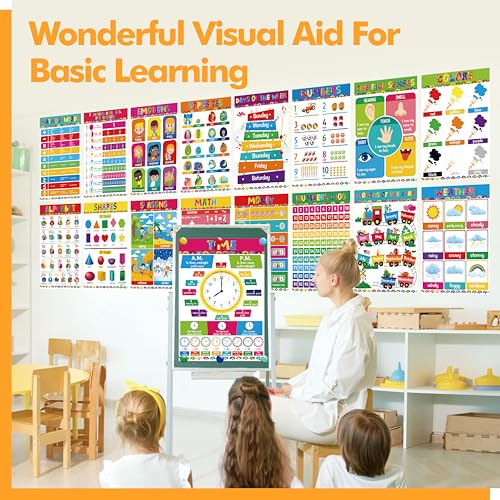 Image of 28 Educational Posters for Kids, All-in-One Set Learning Posters-Alphabet, Animals, Multiplication Chart, USA, World Map, Shapes, PET Film Coated School Supplies For Kindergarten, Preschool, Classroom