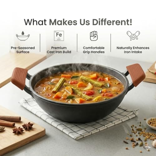Image of HomeEssentials Pre-Seasoned Cast Iron Kadai | 100% Pure Cast Iron | 24cm, 2.5-2.7L | Silicone Grip Handles | Naturally Non-Stick & Non-Toxic | for Gas, Ceramic & Electric Cooktops