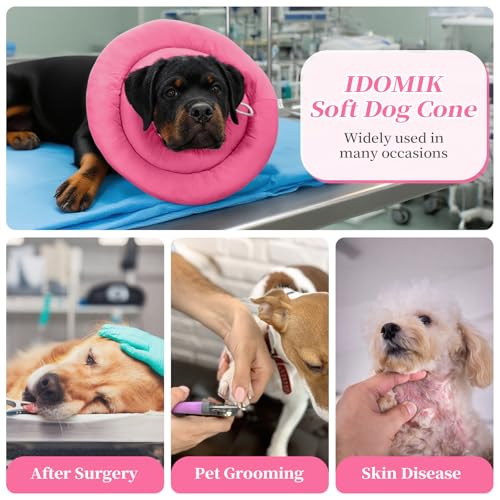 Image of IDOMIK Dog Recovery Collar, Waterproof Soft Dog Cone After Surgery, Comfy Protective Elizabethan Collar Alternative for Dogs Cats, Adjustable Pet Neck Donut Cone Anti-Licking Biting Wounds,RoseRed,3XL