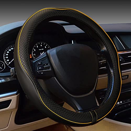 Image of Gomass Car Steering Wheel Cover, Anti-Slip, Safety, Soft, Breathable, Heavy Duty, Thick, Full Surround, Sports Style (Black with Yellow Line)