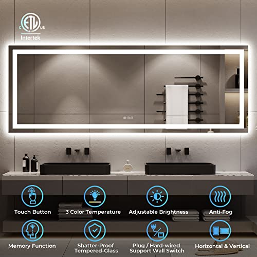 Image of 96x36 Inch LED Bathroom Mirror with Lights Front and Backlit Lighted Vanity Mirror for Bathroom Wall with 3 Colors Dimmable Anti-Fog Memory Shatter-Proof IP54 Waterproof Horizontal /Vertical