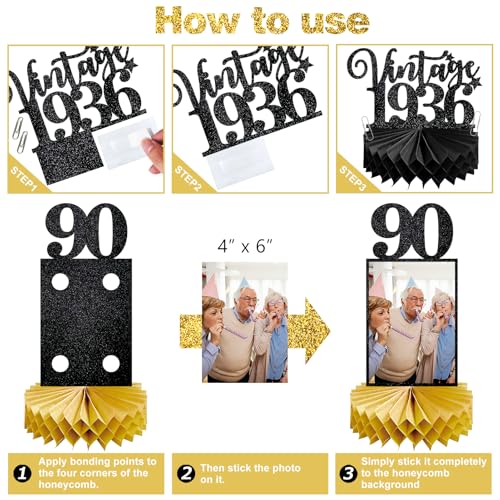 Image of Eucutur 8Pcs 90th Birthday Decorations Honeycomb Centerpieces for Women Men, Black Gold Vintage 1936 90th Bday Photo Table Centerpieces Party Supplies, Glitter Cheers to 90 Year Old Bday Table Topper