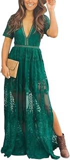 Women's Deep V-Neck Lace Romper Short Sleeve Long Dress