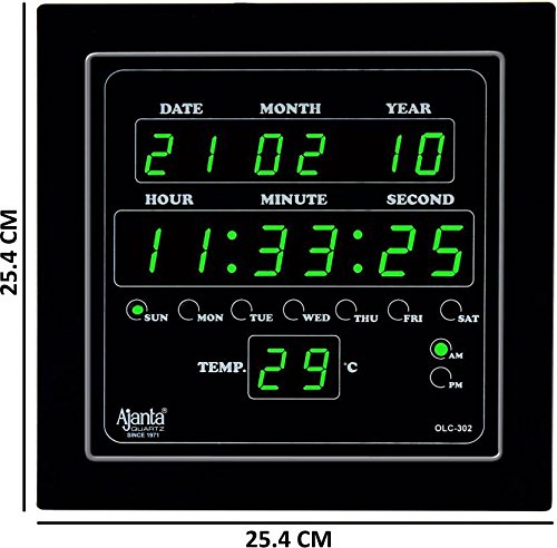 Ajanta Quartz Glass Abstract Digital Green LED Square Wall Clock OLC - 302 (25.4 cm x 25.4 cm x 3.5 cm)