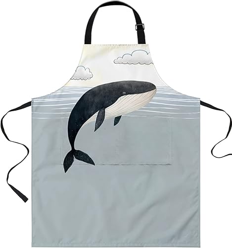 Whale Bib Aprons with Pockets Waterproof, Adjustable Apron for Men Women Ocean Coastal Fish Aqua Beach Orange Sky