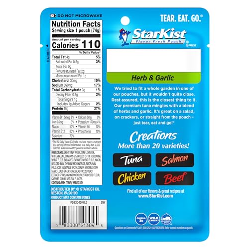 Image of StarKist Tuna Creations Herb and Garlic Pouch (2.6 oz - 24 Pack) Wild Caught, High Protein Shelf Stable Seafood, No Draining, Ready to Eat for Salads and Sandwiches