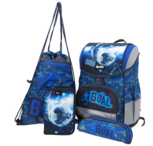 SCOOLSTAR Fußball Schulranzen Schultornister FIDLOCK Junge 1 Klasse Schulrucksack Schultasche | Set 4 TLG. für Grundschule | inkl. Federmäppchen Turnbeutel Stifteetui