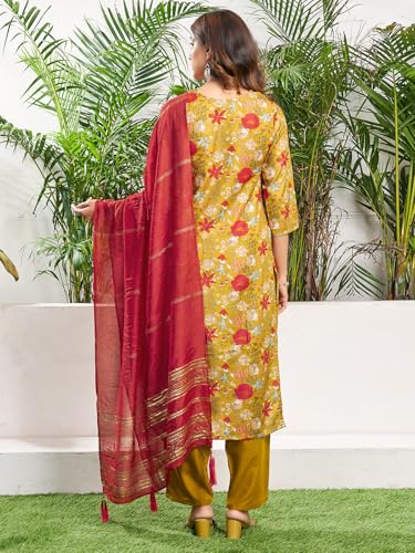 Sanisa Women's Cotton Blend Floral Printed Straight Kurta With Pant And Dupatta Set (221Kbd2342N-Xxl_Mustard Yellow & Multi)