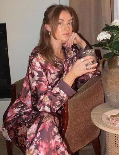 Image of Yimoon Satin Pajama Set for Women Silk Pajamas Set 2 Piece Floral Cute Pj Set Long Sleeve Pjs Sleepwear