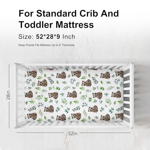 Image of Cute Raccoon Green Leaves Baby Crib Sheets for Girl Boy 52 inchx28 inch Mother Baby Raccoon Soft Breathable Crib Mattress Cover Animals Boho Retro Leaves Bed Sheets Fits Standard Crib and Toddler Mattress