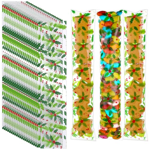 Chiisong 100 Pcs Winter Cellophane Treat Bags Bulk 2 X 10 Inch Holly Pretzel Rod Holly Clear Self Adhesive Cellophane Goody Bags For Holiday Party Supplies