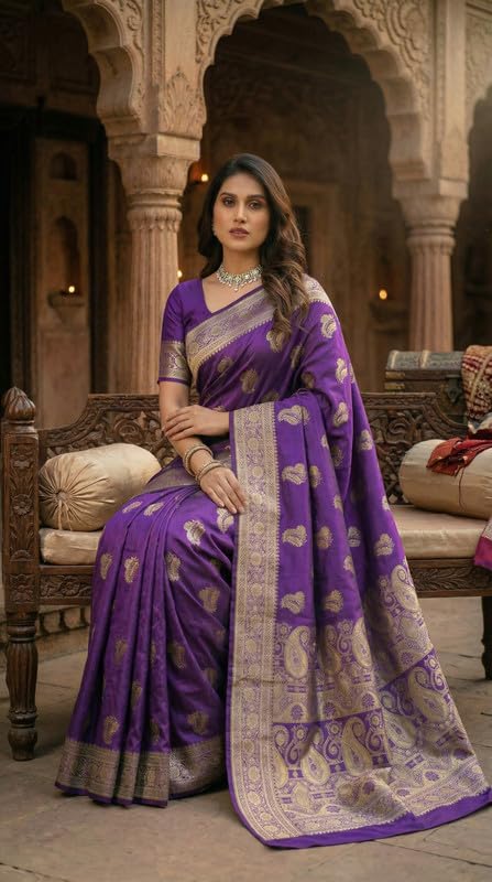 Image of C J Enterprise Women's Pure Soft Silk Saree With Blouse Piece For Wedding (KeriLichi)