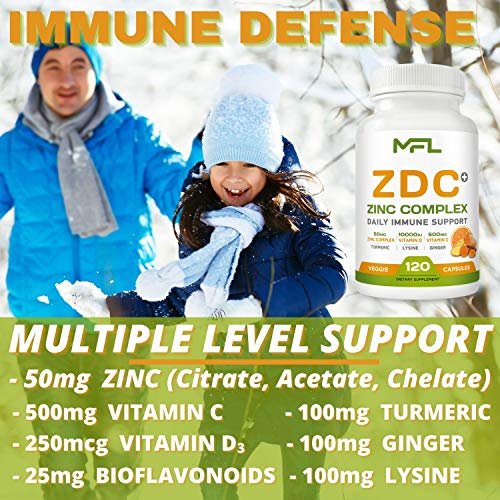Cdz + Ginger + Lysine + Turmeric |Vitamin C 500Mg| Vitamin D3 10,000 Iu(250Mcg)| Zinc Complex 50 Mg| Turmeric 100Mg| Lysine 100 Mg| Ginger 100 Mg| Vegetarian Capsules| 120 Servings #TOP2