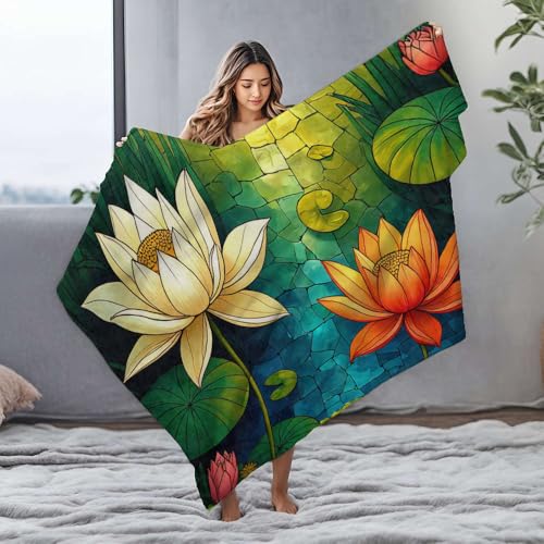 DRPZ Manta suave, una vibrante escena de vidrieras con flores de loto florecientes, manta de franela tamaño Queen para sofá (127 x 100 cm)