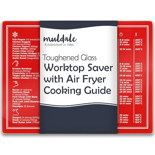 Muldale Red Glass Chopping Board with Air Fryer Conversion - Toughened Non-Slip Worktop Saver - Heat Resistant Cutting Board - Vintage Red Design