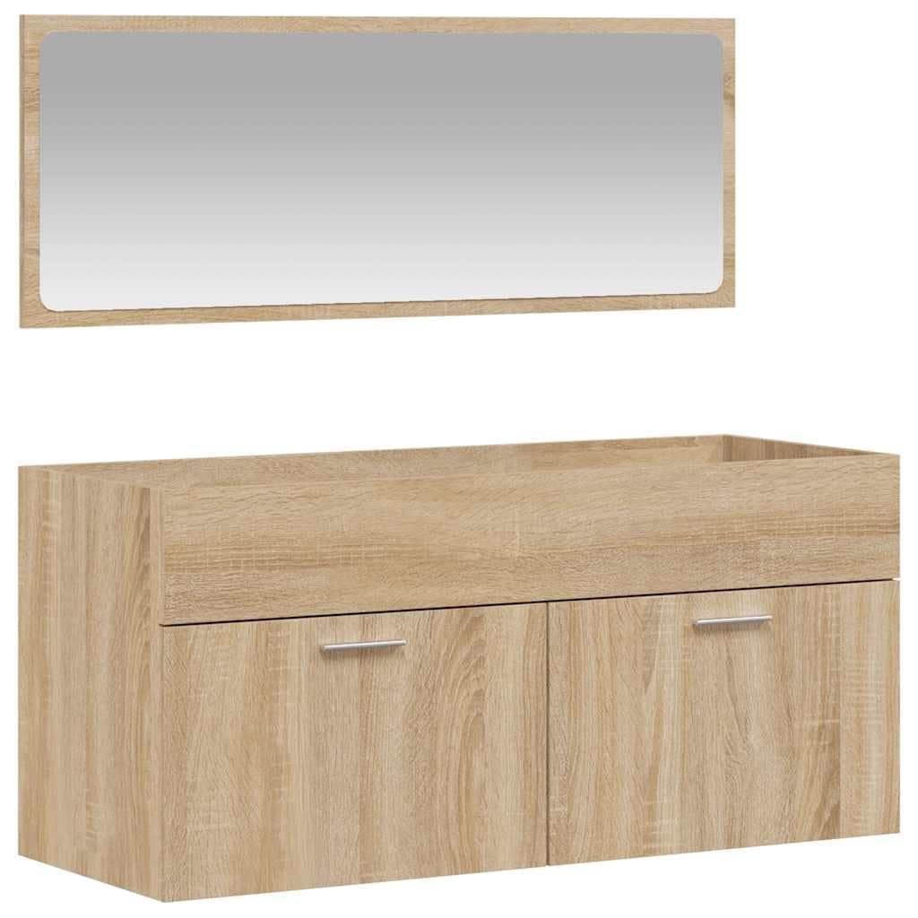Mobile Da Bagno In Legno Effetto Rovere Sonoma Con Specchio, Design Moderno Da Parete, Mobile Bagno Con Spazio Contenitore, Mobiletto Bagno Con Specchio E Lavabo, 100x38.5x46 Cm