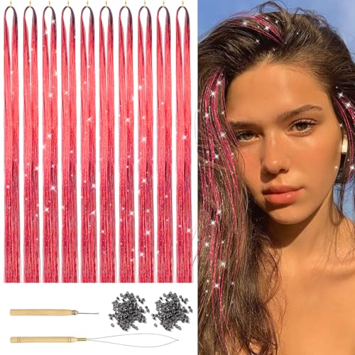 1800 Brins de Cheveux Tinsel, 47 Pouces, Kit Tinsel Rouge, Extensions de Cheveux Pailletées pour Femmes et Filles, Accessoires pour Fêtes et Festivals