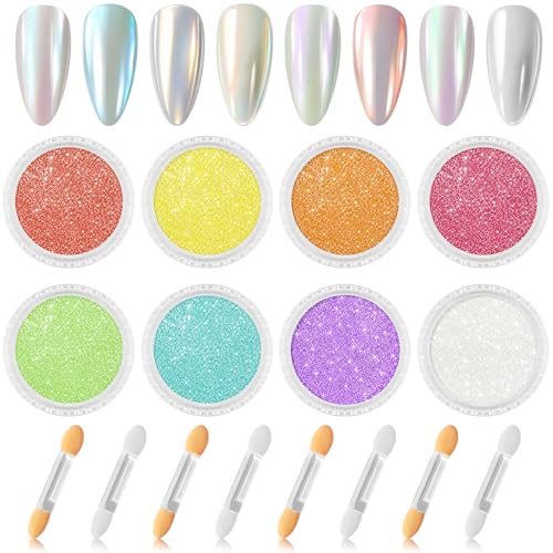 Ysimple 8 BoîTes Chrome Ongles Nail Art, Chrome Nails avec 8 BâTons de Fard à PaupièRes, Poudre NacréE Ongle Nail Art Miroir PigmentéE Perle Holographic...