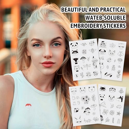Image of Magibeads 68 Patterns Animal Mushroom Water-Soluble Embroidery Dog Cat Flower Ladybug Dragonfly Stick and Stitch Embroidery Paper Starter Kit for Hand Sewing Beginners Adult