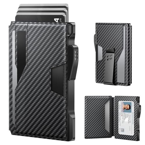 typecase Wallet for Men: Rfid-blocking with Money Clip Slim Leather Bifold ID Window Smart Pop Up Card Case Front Pocket Wallet with Gift Box (Carbon Fiber Black)