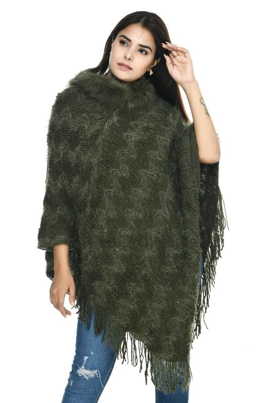 MANRA Women Round-Neck Striped Poncho with Tassels Knitted Fringed Sweater Pullover Cape for Winter (SC 33)-picture-41