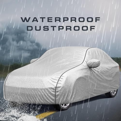 Image of 100% Waterproof Car Cover for Grand i10 UV Protection, Dustproof, Windproof | Custom Fit with Mirror Pockets, Belt & Buckle | All Weather Outdoor Body Cover(Silver)