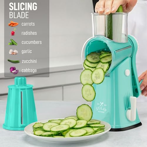 Image of Zulay Kitchen Rotary Cheese Grater 5 Blade Cheese Shredder - Manual Hand Crank Cheese Grater With Reinforced Suction & 5 Interchangeable Drums - Easy to Use, Vegetable Chopper Round Mandoline Slicer