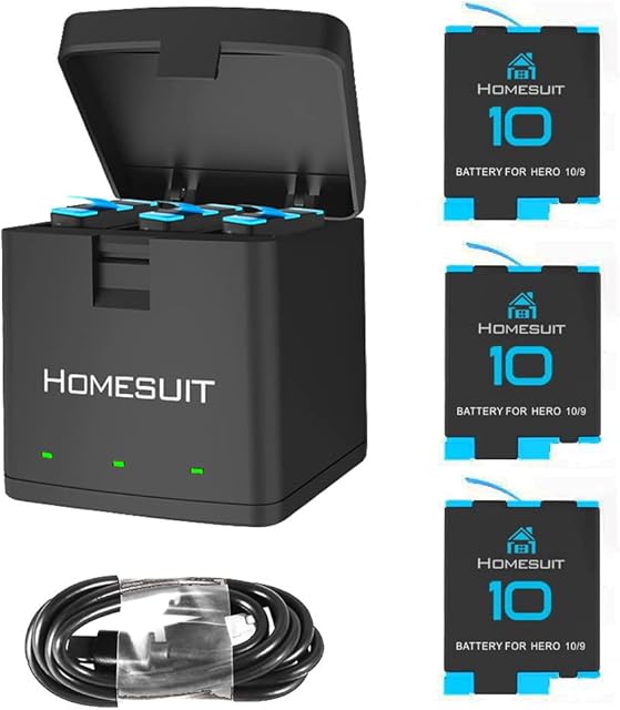 Homesuit Hero 9/10/11 Batteries 1800mAh and 3-Channel USB Storage Quick Charger for Gopro Hero 11 Black, Hero 10 Black, Hero 9 Black, Fully Compatible with Gopro Hero 10/9 Battery and Charger (3-Pack)