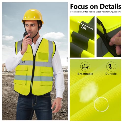 Image of 10 Pack Reflective Safety Vests with Pockets & Zipper, High Visibility Yellow Construction Vest for Men Women, Durable ANSI Class 2 Work Vest Strips Vests for Outdoor Work