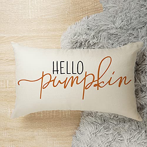 GTEXT 12x20 inch Fall Throw Pillow Cover Hello Pumpkin Cushion Cover Autumn Decor Fall Pumpkins Pillow Cover Outdoor Pillow Linen Square Cushion,Sofa Fall Pillow Cover