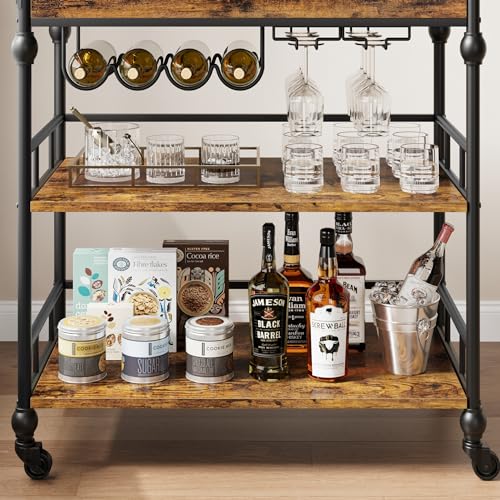 GarveeHome Bar Cart with Wheels, 3-Tier Serving Cart for Home, Mobile Rolling Beverage Cart with Wine Rack and Removable Tray for Kitchen, Dining, Living Room, 35.4" x 15.7" x 34.1", Rustic Brown