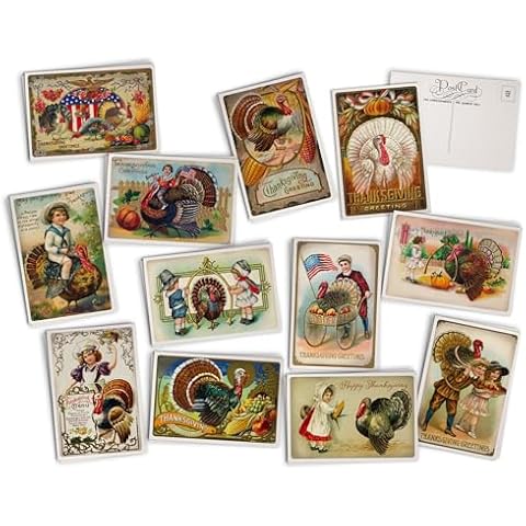 Hill Valley Greetings Antique Thanksgiving Turkey Post Cards - 24 Vintage Thanksgiving Postcards - Assorted Retro Thanksgiving Cards Printed on Vintage Textured Style Cardstock Cover