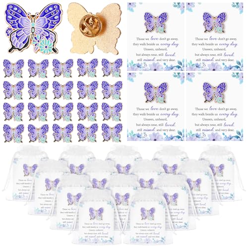 Liliaafar 50 Set Funeral Favors for Guests Celebration of Life Favors Pcs Butterfly Pins Brooches with Bags Cards for Gift (Purple)