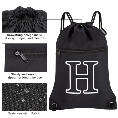 Image of HOLYLUCK Drawstring Bags Initial Backpack Sackpack Cinch Bags for Sports, Gym, Travel, Beach (Black-H)