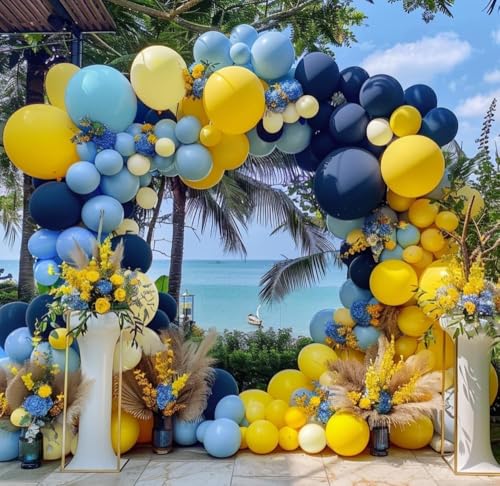 Image of Captank Blue and Yellow Balloons Navy Royal Blue Balloon Garland Arch Kit For Happy Birthday Summer Baby Shower Bridal Shower Lemon School Banana Party Decorations