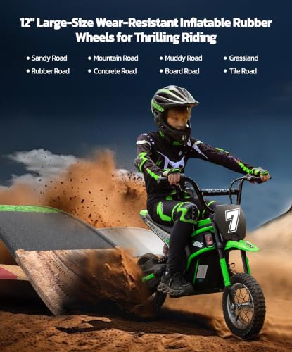 Image of ELEMARA Electric Dirt Bike,350W Motorcycle 24V Ride on Toy for Big Kids w /LED Power Display,15.5 mph & 150lb Max,3 Speeds,Chain-Driven Motor,Twist-Grip Throttle&Brake Lever,12 inch Air-Filled Tires-Green