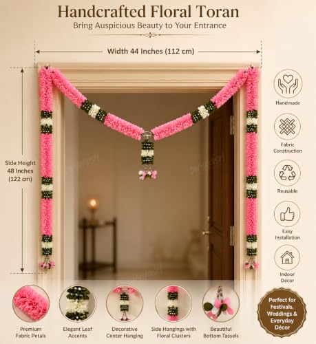 Image of Divyakosh Thorana Set (with Side Hanging), Toran for Main Door Entrance, Fabric, Handmade, Pink & White Floral Banderwal, Big Size, Width 3.5 FT & Height 4 FT