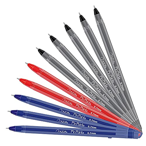 Azor Pin Point Fine Point Writing Pens 0.7mm with Hole for Retractable Cord, Chain, Clipboard or Countertop â€“ Assorted 10 Pieces: 5 Black, 3 Blue, 2 Red