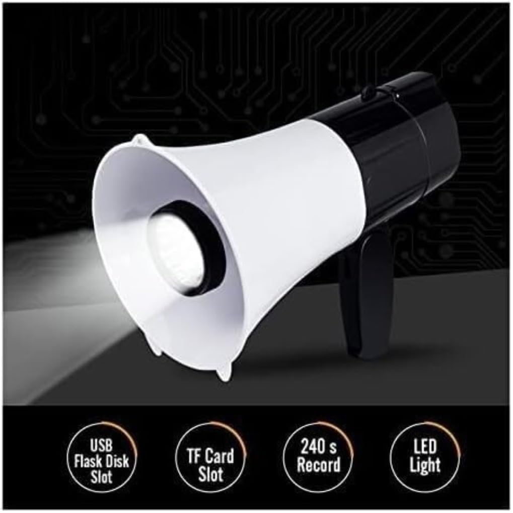 Interiores Exteriores Megáfono De Mano Bullhorn, Megáfonos Alta Potencia 30w, Altavoz Mp3 con Grabación Voz Y Luces Led per Eventi All’Aperto