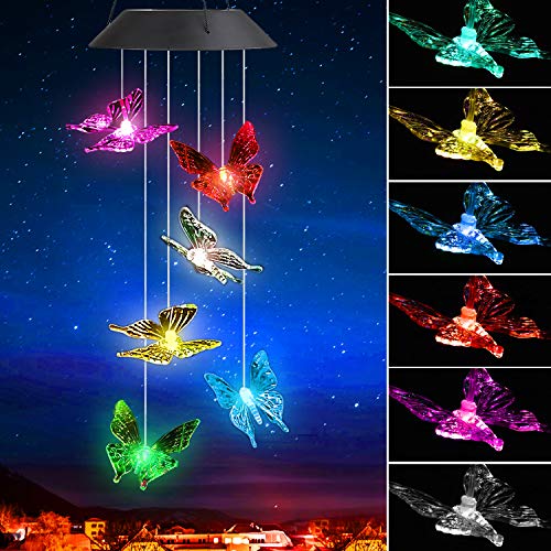 SUNJOYCO Butterfly Solar Wind Chimes, Color-Changing Outdoor Decoration Waterproof LED Memorial Wind Chime Solar Powered Colorful Light for Home Party Yard Garden