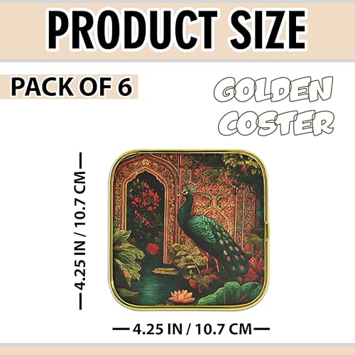 Image of Rousrie Stylist Modern Wooden Coasters with Golden Border | Set of 6 | Stand Included Premium Handmade Coaster for Tea Cups, Coffee Mugs, Beer Mugs, 10 by 10 cm (Rajasthani Pattern)