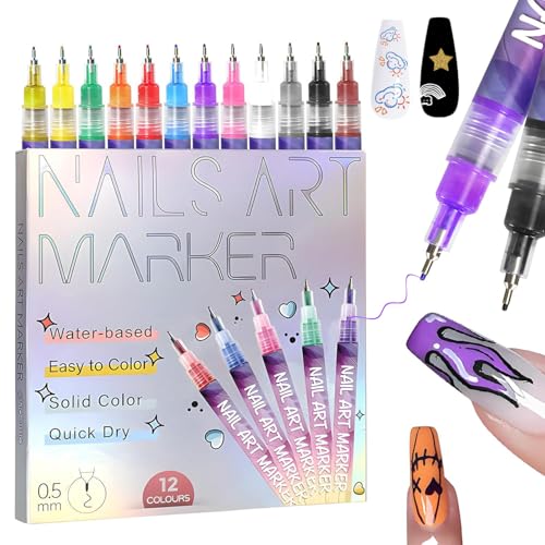 Hinourisha Lot de 12 stylos à ongles 3D pour ongles - Pour la ligne DIY - Graffiti - Design de pointe des ongles - Outils de manucure - Stylos à ongles -...