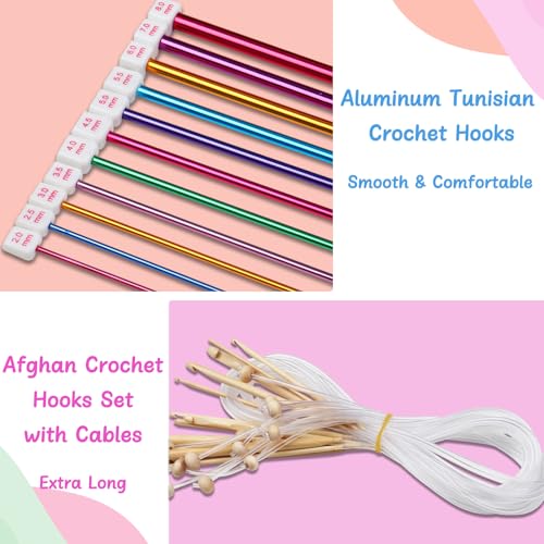 Image of Aeelike Tunisian Crochet Hooks Set with Cable, 11PCS Aluminum Tunisian Crochet Hook 2-8 mm Colorful & 12 PCS Wood Afghan Crochet Hooks 3.5-12 mm, Smooth-Long for Beginners