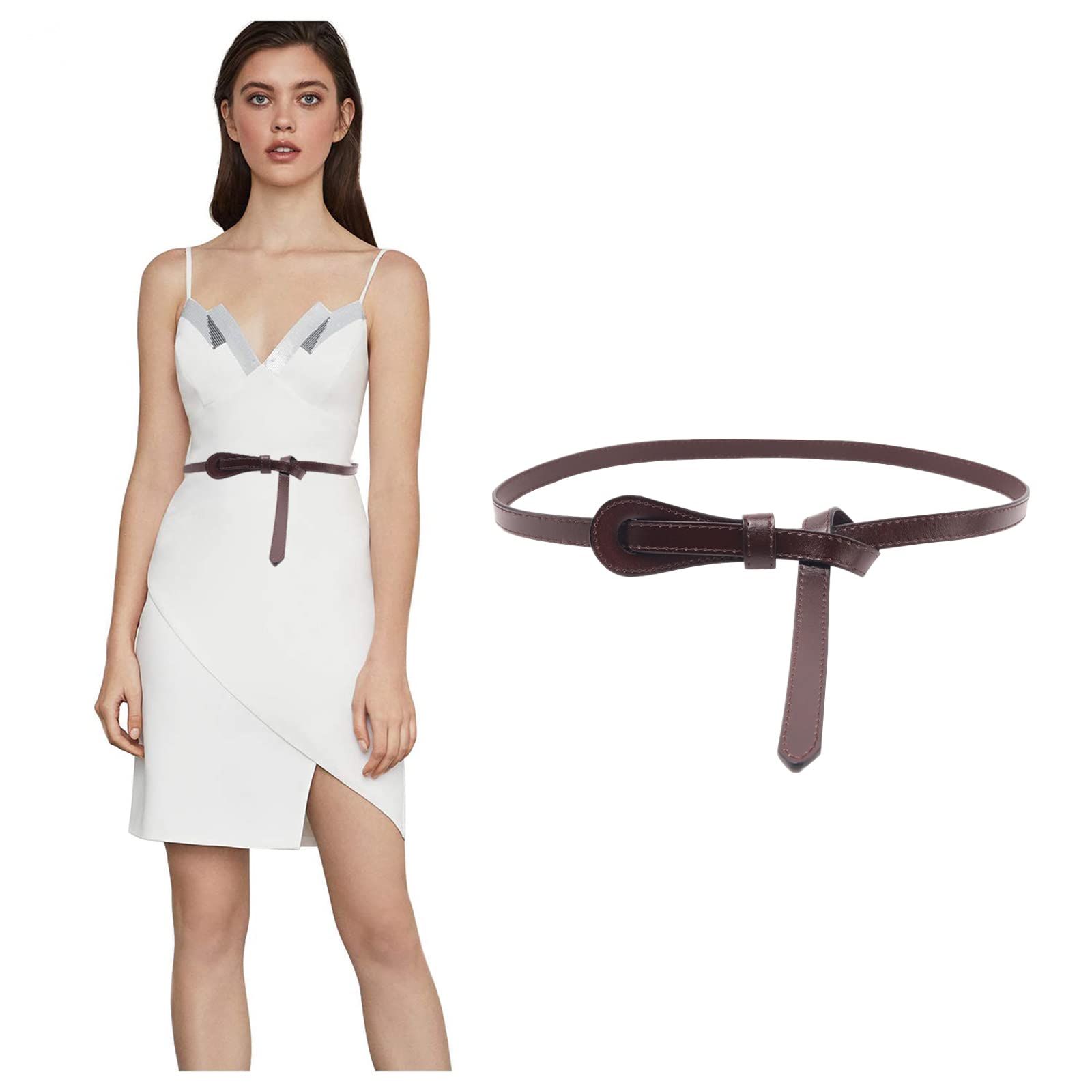 Women PU Leather Skinny Belt for Dress Adjustable Thin Waist Belt for Lady