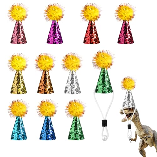 Tinoaly 10pcs Mini Party Hats for Stuffed Animals, Multicolored Cone Hats with Glitter Pom Poms & Imitation Pearl Dog Cat Birthday Caps for Toy Crafts Kids Party Decor Costume Accessories