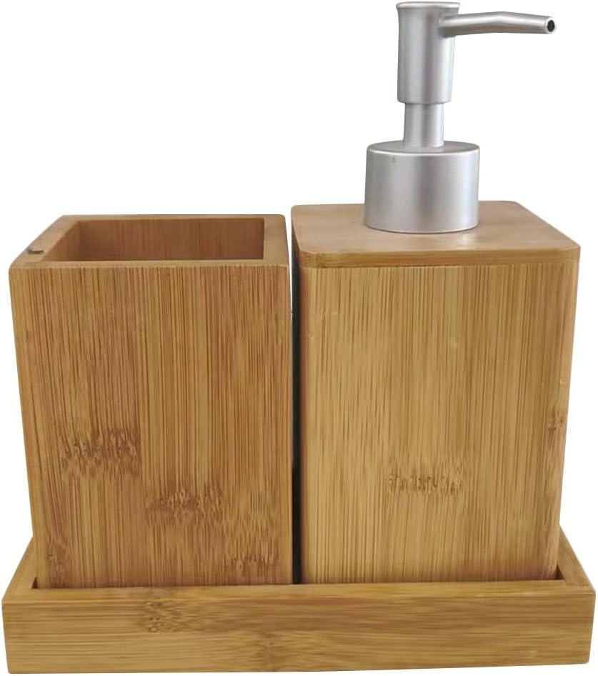 Beavorty Bamboo Bathroom Accessories Set with Toiletry Box Lotion Dispenser Bottle Toothbrush Holder Toothbrush Cup Vanity Countertop Organizers