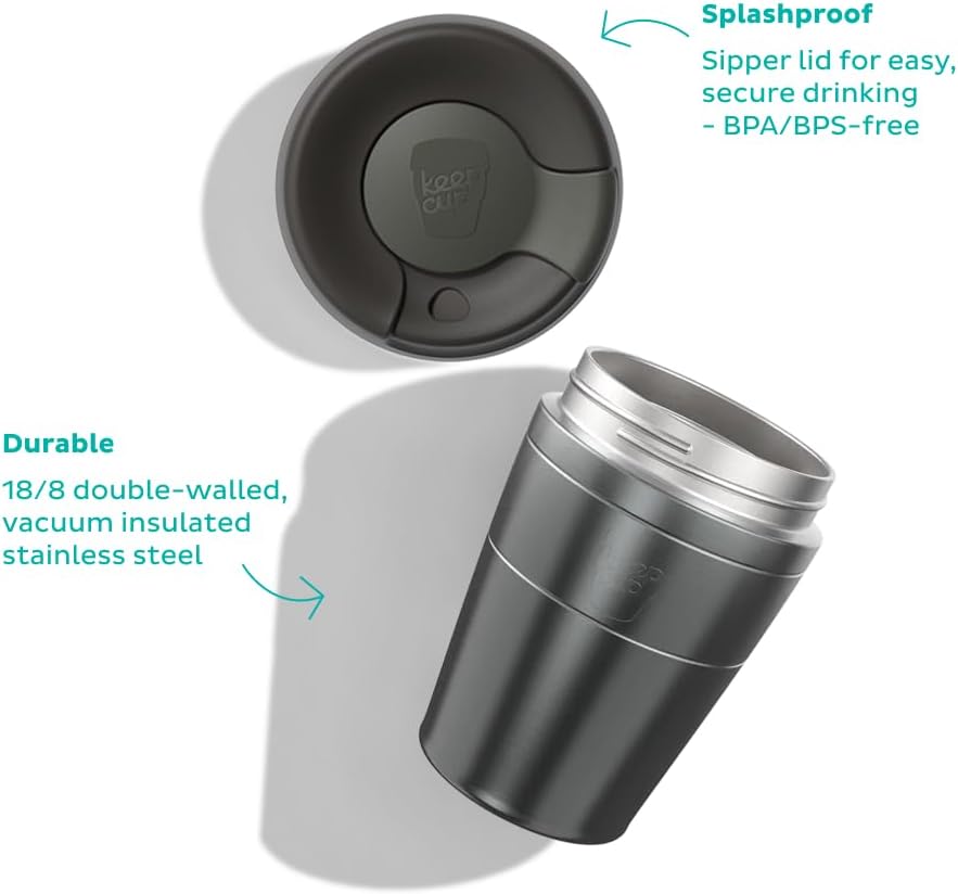 KeepCup Traveller, Reusable Travel Mug - Vacuum Insulated Stainless Steel Cup with Leakproof Sipper Lid - 12oz/340ml - Qahwa - Image 5