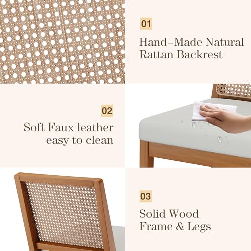 Andeworld Farmhouse Natural Rattan Dining Chairs Set of 6, Upholstered Mid Century Modern Kitchen Dining Room Side Chairs, Armless Faux Leather Kitchen Chairs with Wood Frame, Beige