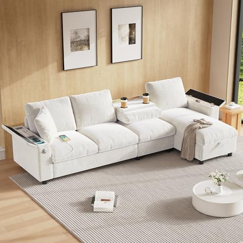 280 cm Canapé 4 Places Moderne en Velours côtelé avec Revêtement,Chaise Réversible,Porte-gobelet,Ports USB et Compartiments de Rangement,canapé modulable...
