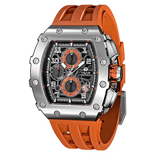 TSAR BOMBA Montre Homme 50M étanche Boîtier Tonneau en Acier Inoxydable Verre Saphir Bracelet en Silicone avec Fonction Fate Chronographe Mouvement à Quartz Japonais Cadeaux pour Hommes Mode Luxe
